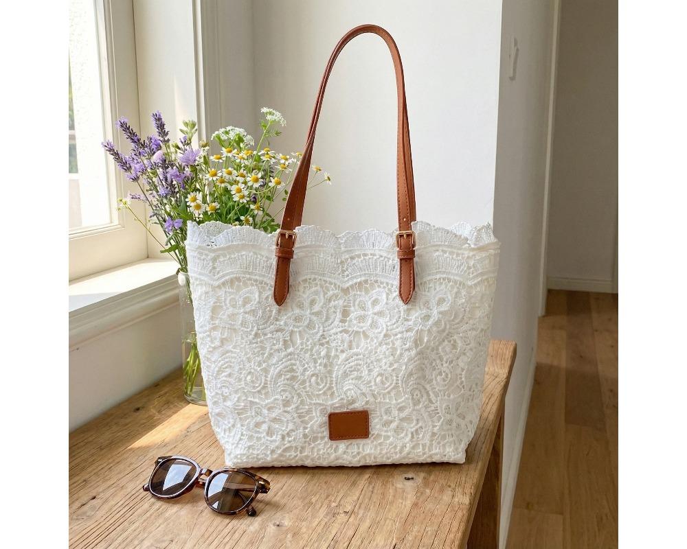 Women’s French Lace Hollow Tote Bag Large Capacity Shoulder Purse Adjustable Leather Straps Minimalist Floral Aesthetic Handbag Available in Versatile Summer Tote