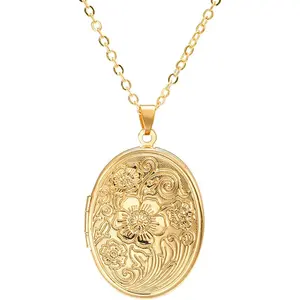 Vintage Engraved Flower Empaistic Photo Locket Hold Picture Oval Round Pendant Necklace Antique Carved Pattern Souvenir Memorial Clavicle Jewelry for Women