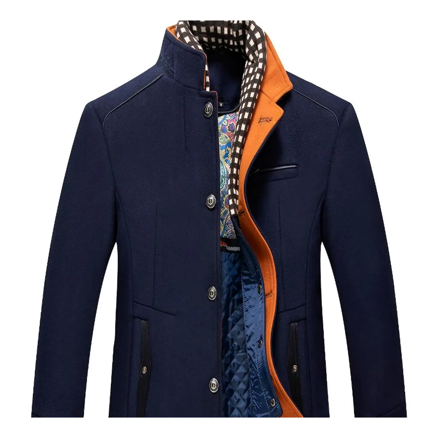 Men's Stand Collar Long Coat, Single Breasted Button Front Jacket with Contrast Inner Trim, Side Zip Pockets and Quilted Interior, Smart Casual Outerwear