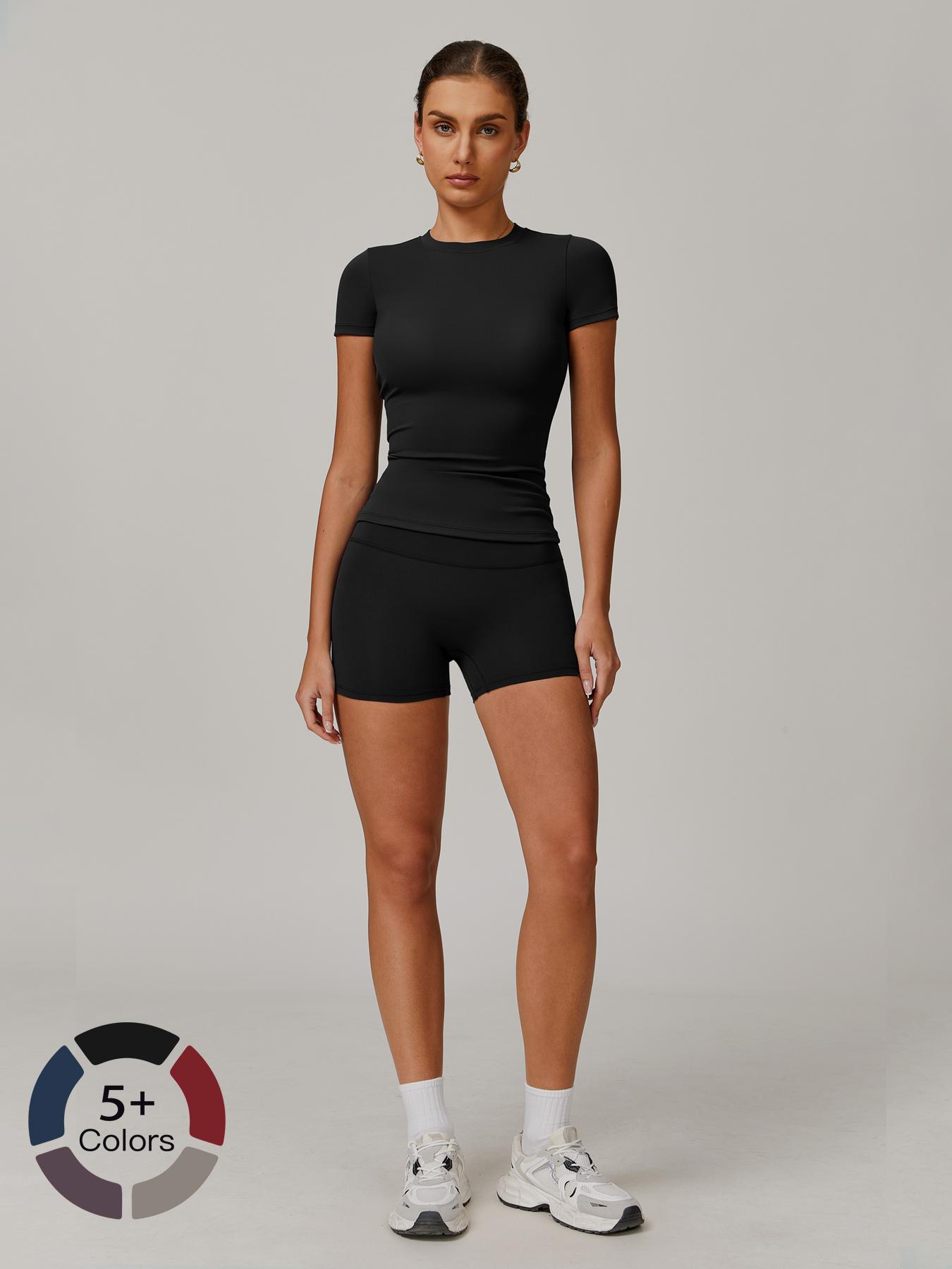 Women's Solid Ribbed Crop Tee & High Waist Shorts Set, Quick Drying for Yoga Gym Workout Running, Ladies Sportswear for All Seasons, Workout Sets Women, Women Workout Clothes, Fitness Clothing, Casual Activewear, Fitness Summer Bottoms