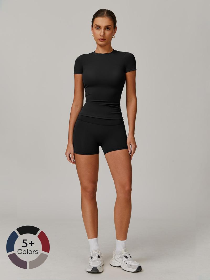 Women's Solid Ribbed Crop Tee & High Waist Shorts Set, Quick Drying for Yoga Gym Workout Running, Ladies Sportswear for All Seasons, Workout Sets Women, Women Workout Clothes, Fitness Clothing, Casual Activewear, Fitness Summer Bottoms