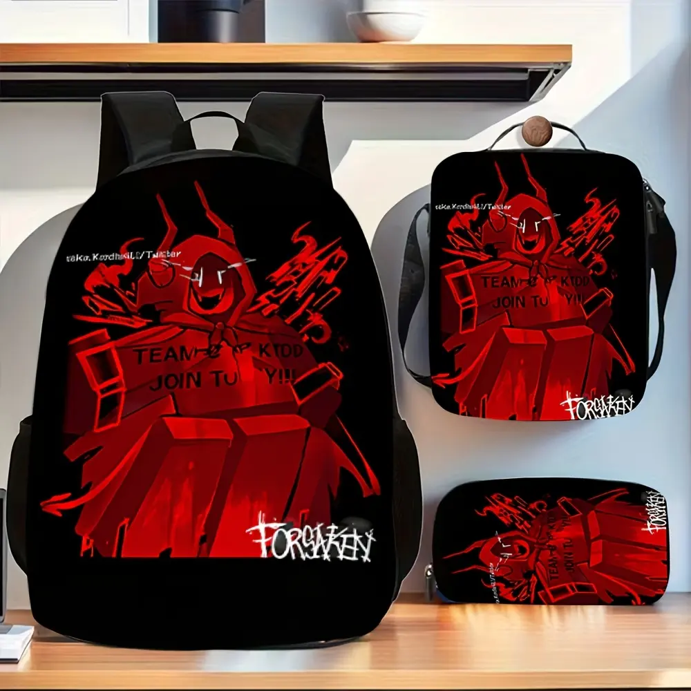 Boys' 3-in-1 Backpack Set, Synthetic Oxford Horror Game Graffiti Print School Kit with Insulated Lunch Bag & Pencil Case for Campus Life, 3-In-1 Matching School Kit, Crossbody/Shoulder Bag, Daily Commute, Dark Gothic Red Hooded Demon