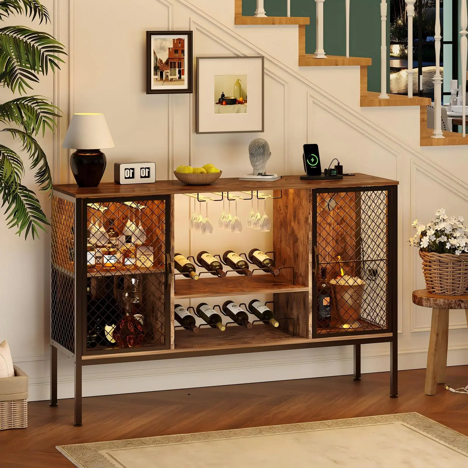 Rustic Brown Wine Bar Cabinet with LED Lights & Power Outlets | Wood Liquor Storage with Doors, Glass Holders, Wine Rack, Mini Coffee Bar for Dining & Living Room