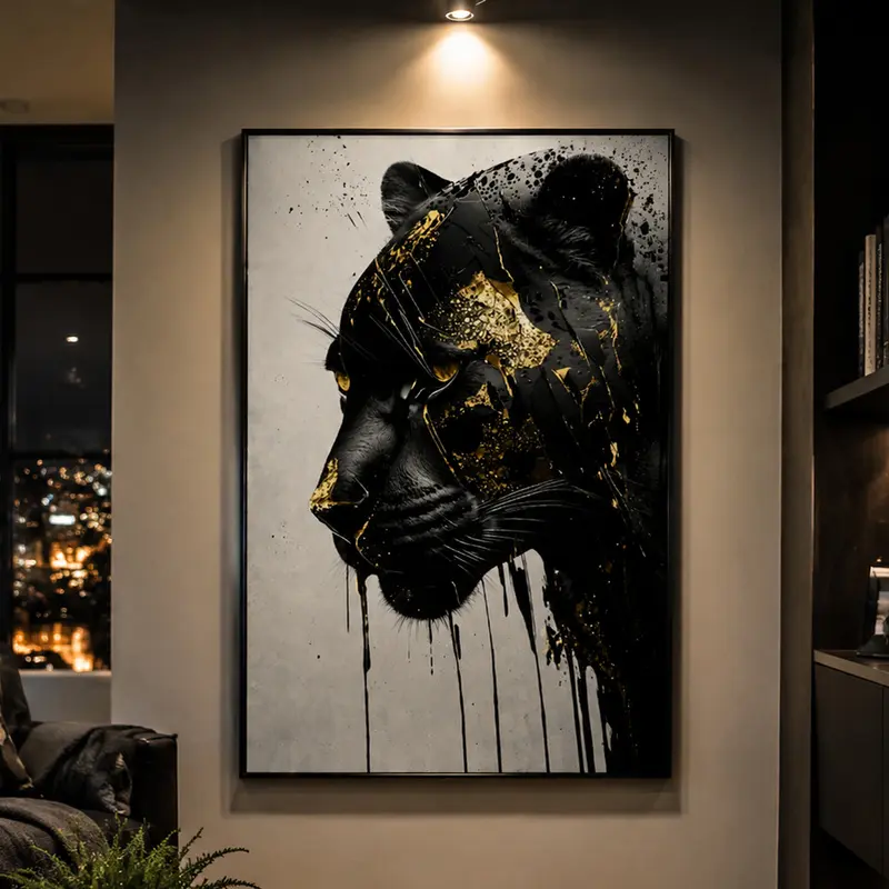 Striking Black Panther Abstract Wall Art, Black and Gold Panther Painting, Luxury Animal Wall Decor, Modern Wildlife Artwork, Contemporary Home Decor, Large Statement Wall Art, Living Room Bedroom Decor, Safari Wall Art, Luxury Interior Decor, Modern Anim