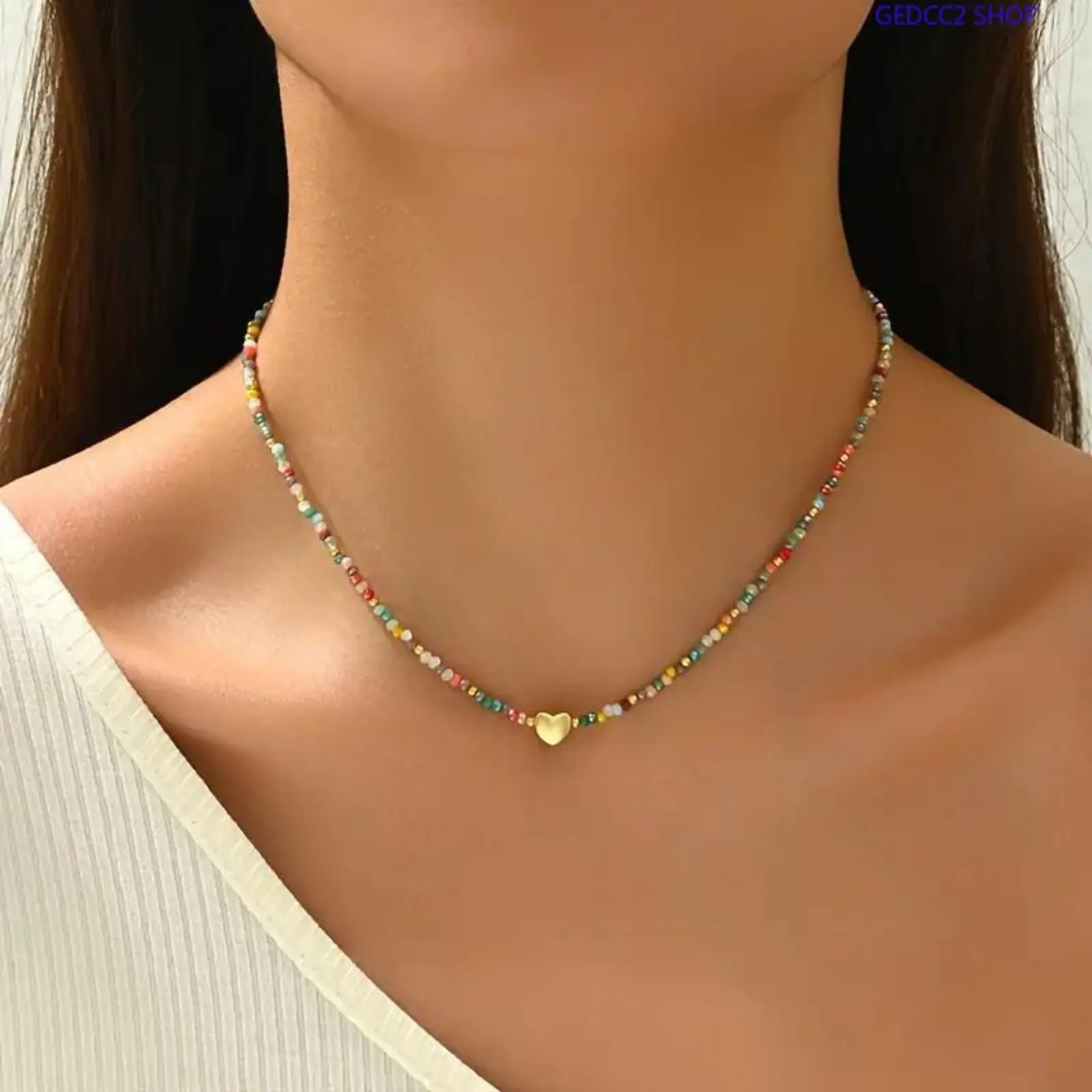 Boho Crystal Beaded Necklace for Women, Gold Heart Pendant Choker Necklace, Summer Fashion Jewelry for Daily Wear, Vacation & Gifts