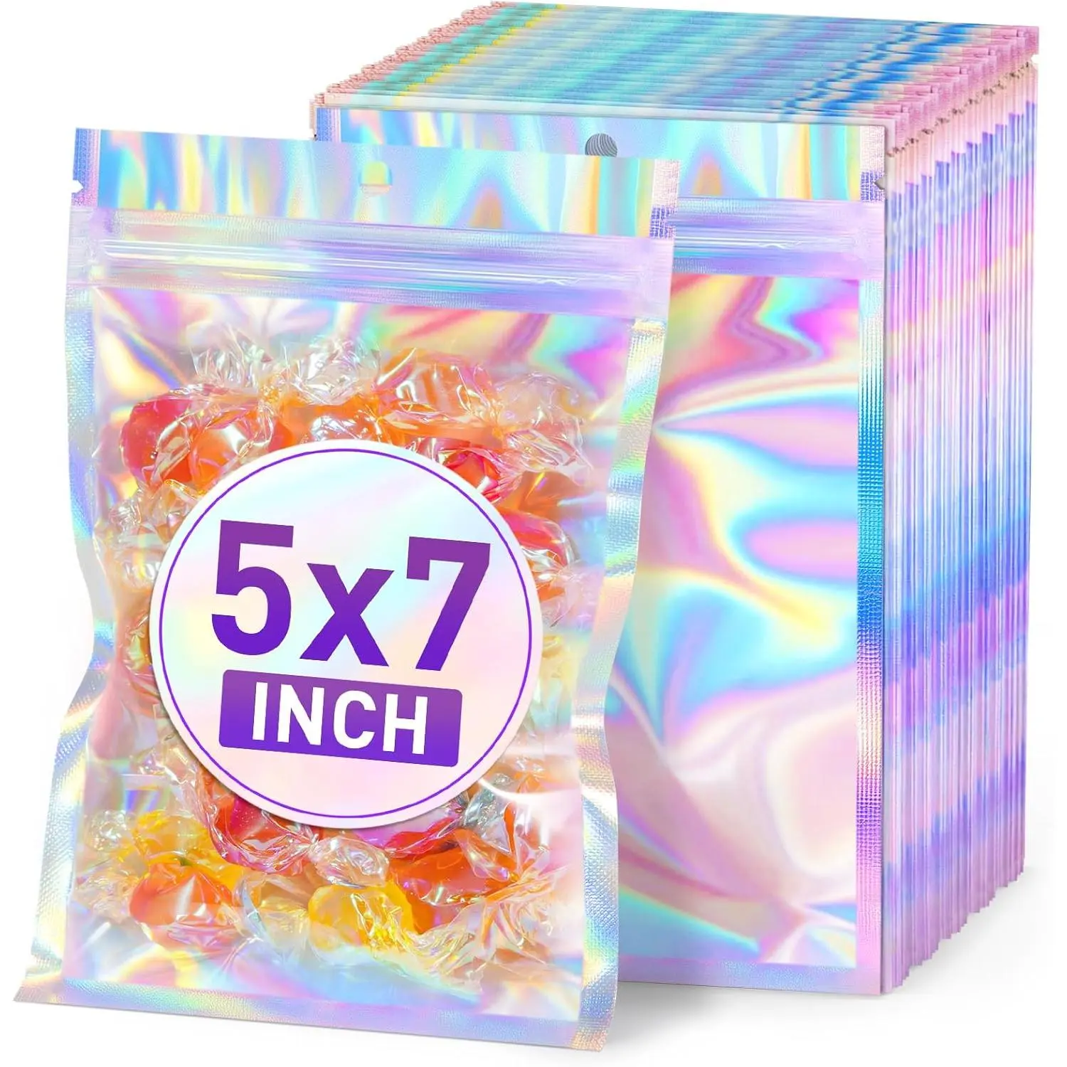 Holographic Bags 5x7 Mylar Bags Resealable 50PCS, Smell Proof Packaging Bag Pouches Clear Window Goodie Baggies for Snack Candy Jewelry Party Favor, Small Plastic Gift Bag for Small Business
