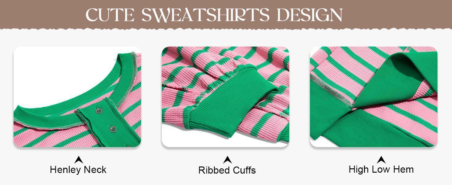 Imily Bela Womens Oversized Striped Sweatshirts Henley Shirts Color Block Casual Pullover Waffle Knit Tops