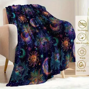Rainbow Gradient Sun Moon Star Dark Galaxy All Over Print Flannel Blanket, Deep Purple Night Sky Celestial Witchy Throw Blanket, Soft Plush Warm Blanket for Couch Bedroom, Cozy Comfy Nap Blanket, Perfect Giftable Decorative Blanket for Boho Spiritual Cele