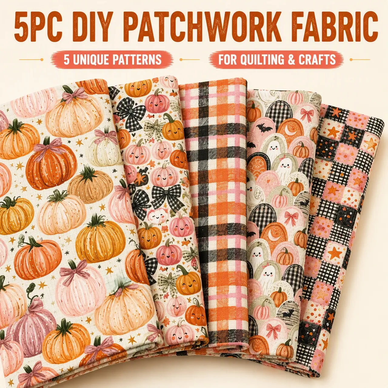 5PCS Coquette Vintage Halloween Fat Quarter Patchwork Fabric Bundle, Pumpkin Ghost Bow Print Fabric 17.7×19.7in (45×50cm), Soft DIY Sewing Quilting Fabric for Hair Scrunchies, Table Runners, Dolls, Handbags Craft Projects