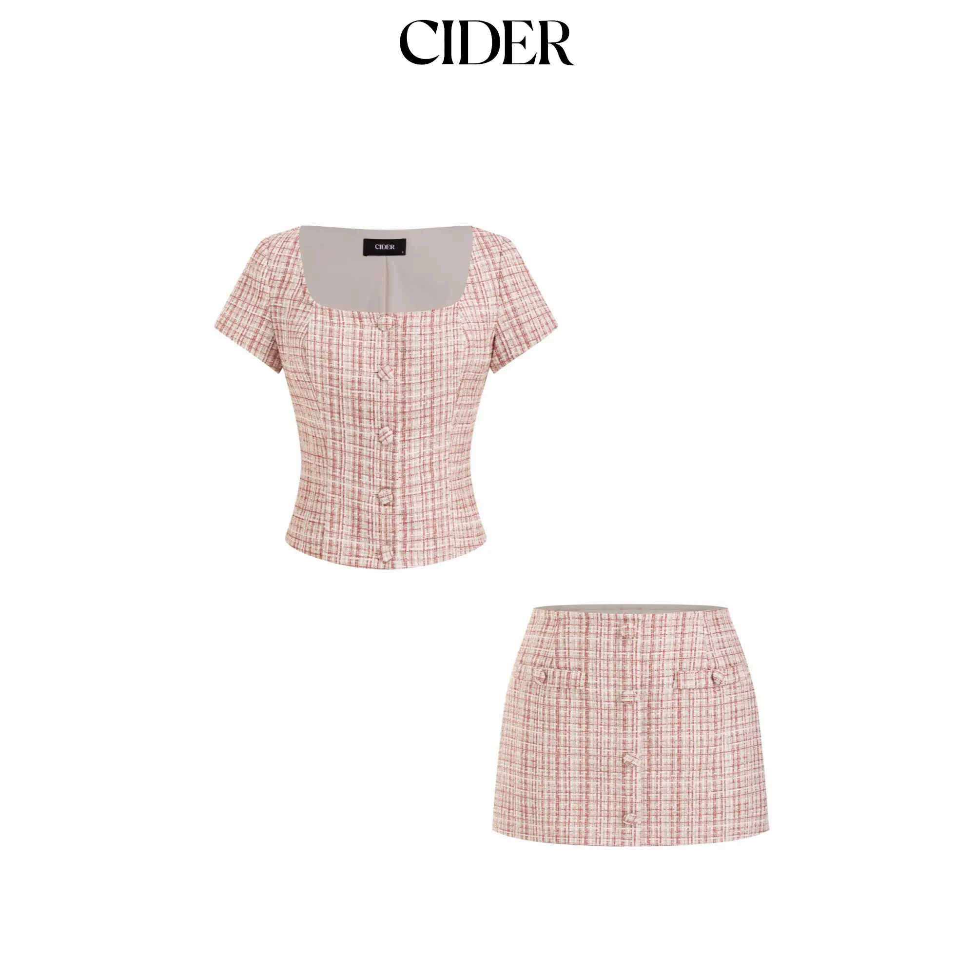 Cider Tweed Square Neck Checks Top & Mid Rise Mini Skirt Set