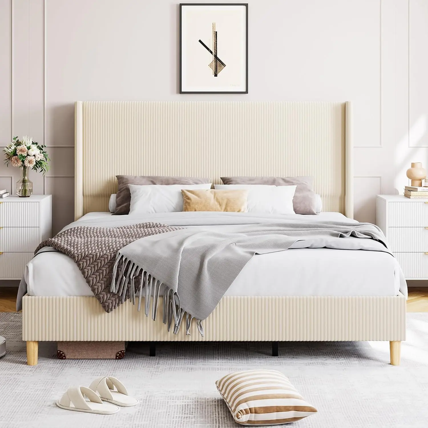 Queen Size Upholstered Bed Frame, Corduroy Wingback Headboard, No Box Spring Needed, Heavy Duty Wood Slats, Easy Assembly