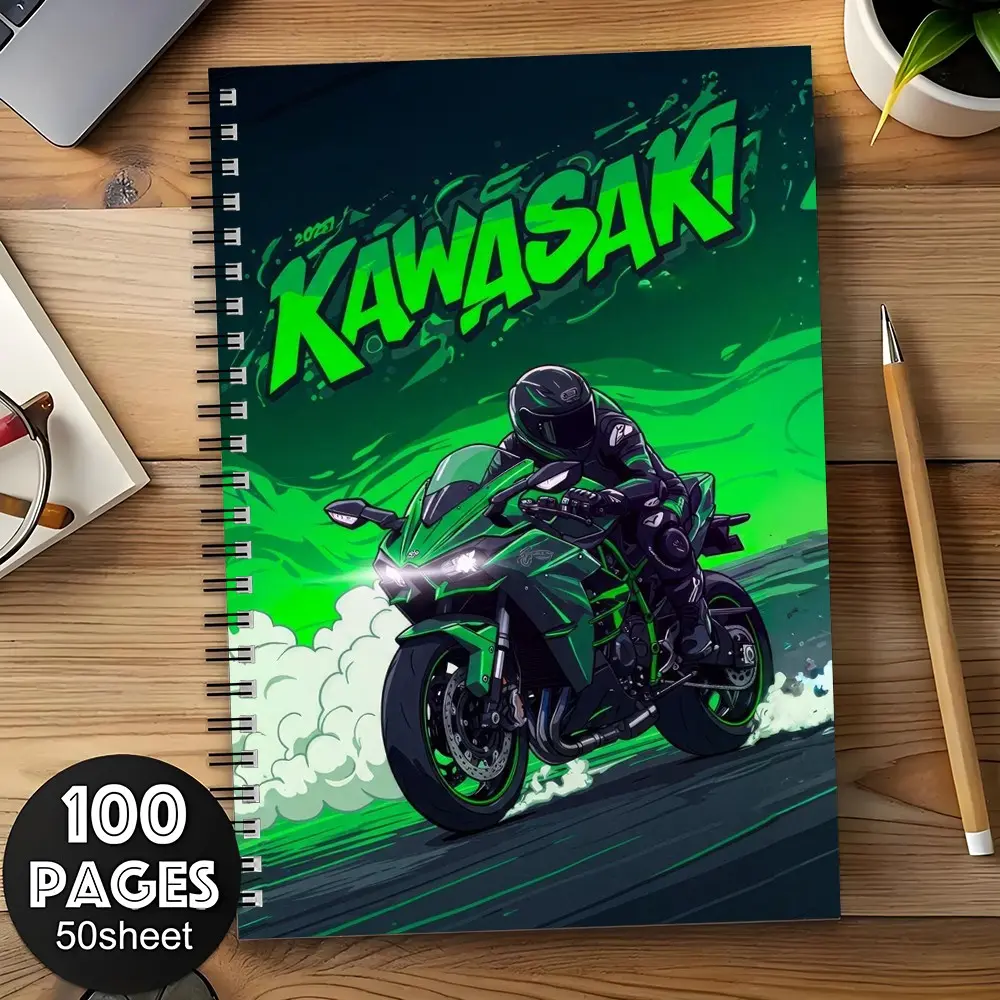 A5 Spiral Notebook 100 Pages 50 Sheets Kawasaki Green Sport Motorbike Street Graffiti Art Cover Journal Cool Biker Motorcycle‑Enthusiast Aesthetic Trendy Bike‑Themed Stationery Diary Notebook for Riders Motorcycle Fans Students