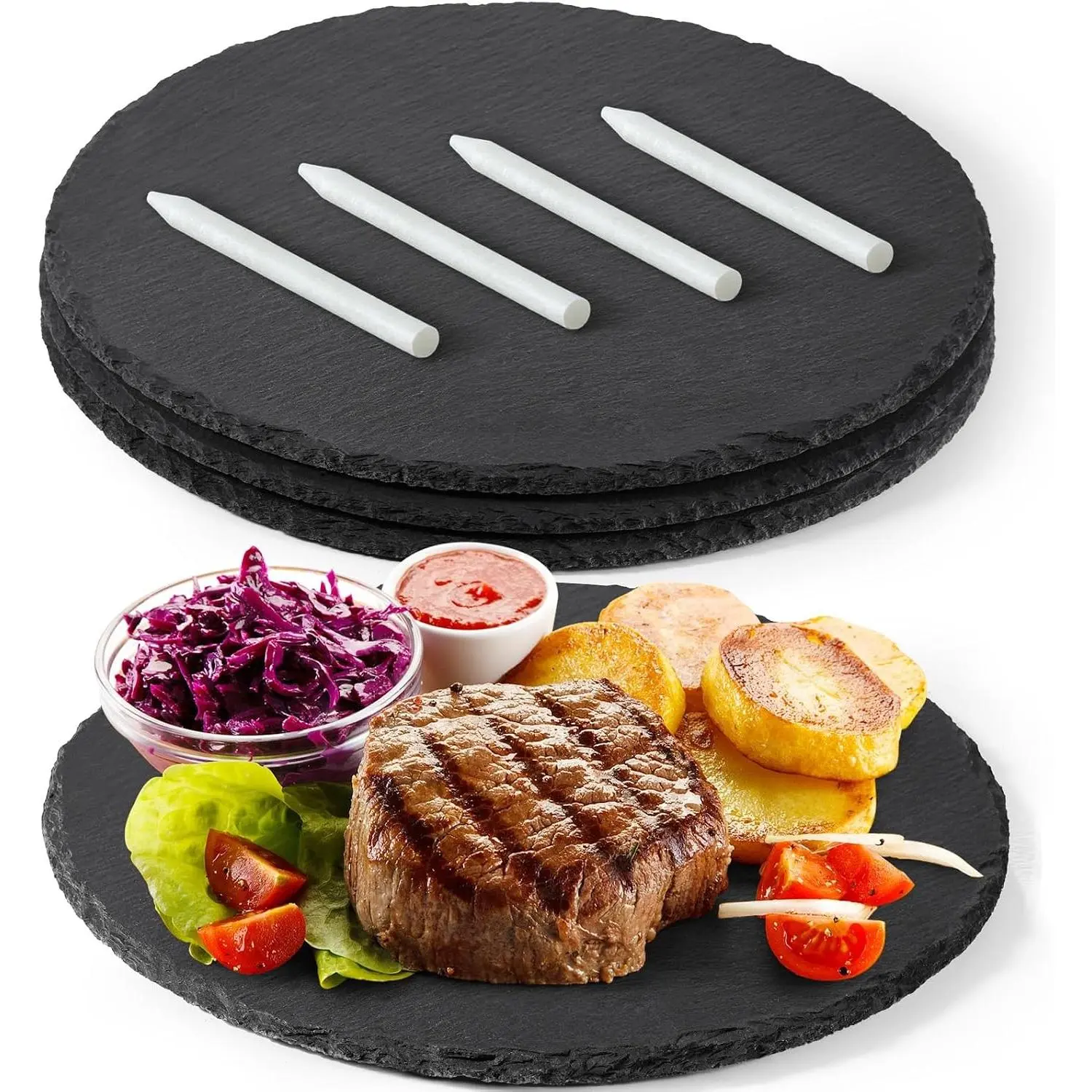 12-Inch Round Slate Cheese Board Set (3-Piece), Charcuterie Boards & Stone Slate Plates, Laser Engraving Blanks for Appetizers, Wedding & Housewarming Gifts