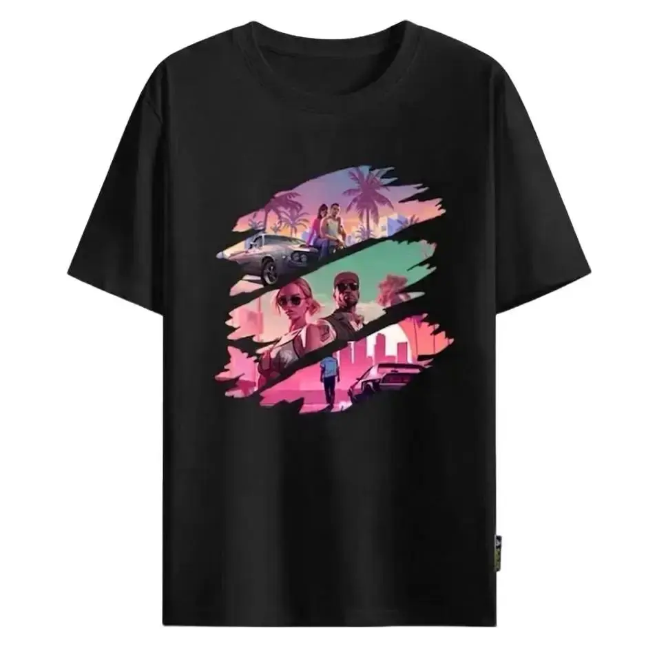 100% Cotton Men's GTA 6 Inspired Cotton Graphic T-Shirt - Casual Round Neck Loose Soft Cartoon Vice City Retro Miami Sunset Gamer Menswear Top
