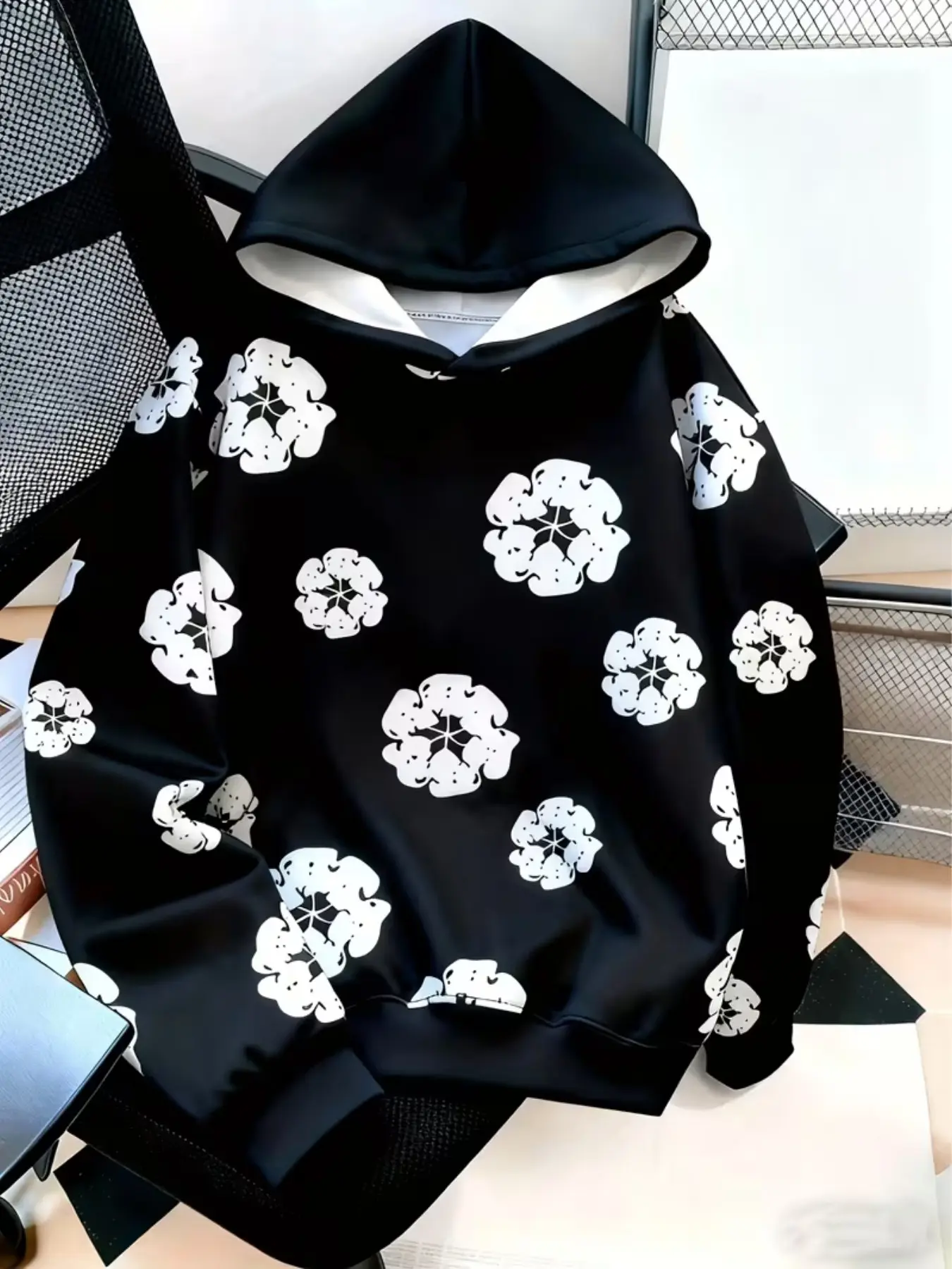 Men's Autumn Hoodie with All over Floral Print, Casual Loose-Fit Base, Simple Multi-Petal Design, Perfect for Fall Season