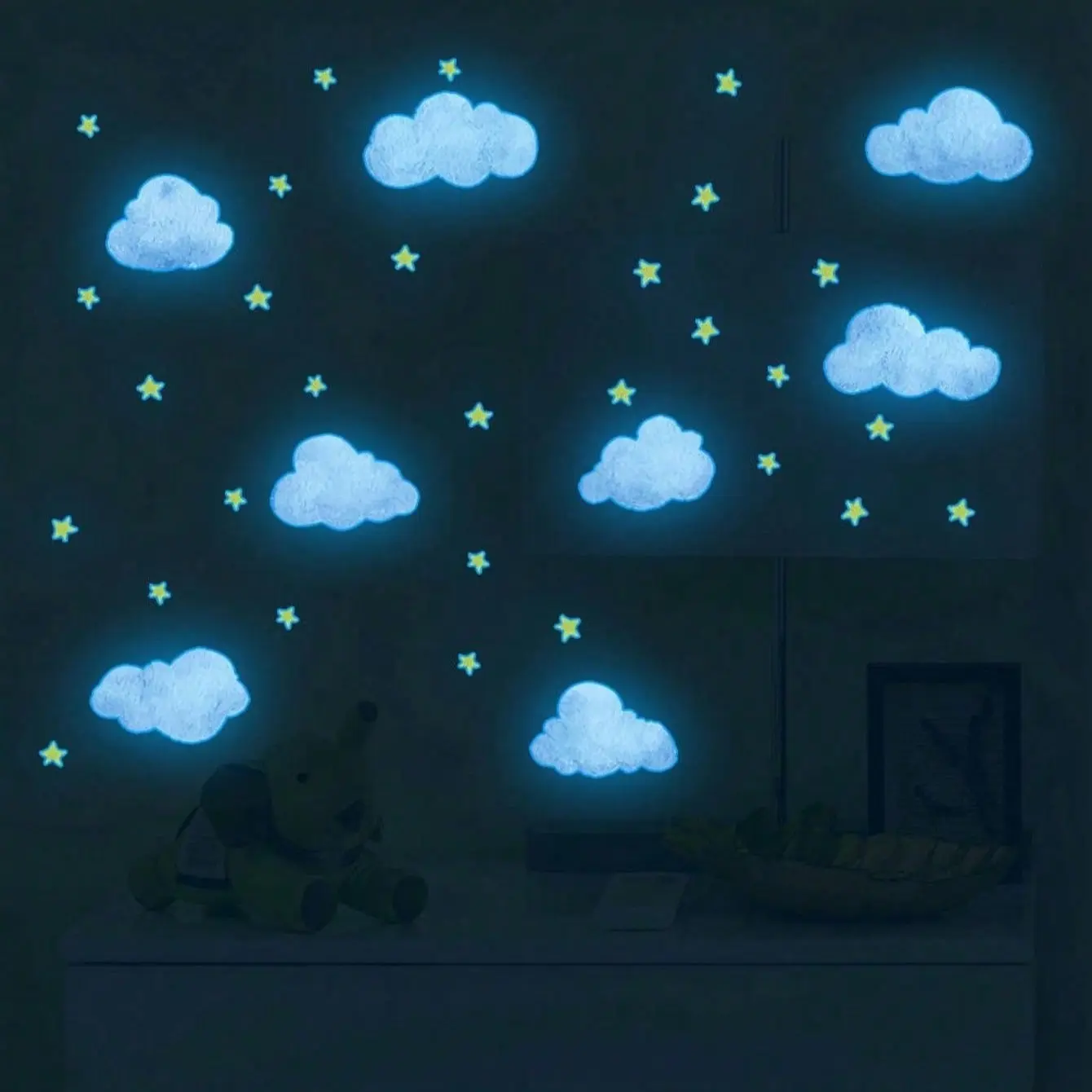 Advanced or Blue Cloud Shape Star Design Night Glow Wall Stickers, Magical Cartoon Decor for Kids Room, Reusable Self-Adhesive Dream Decoration
