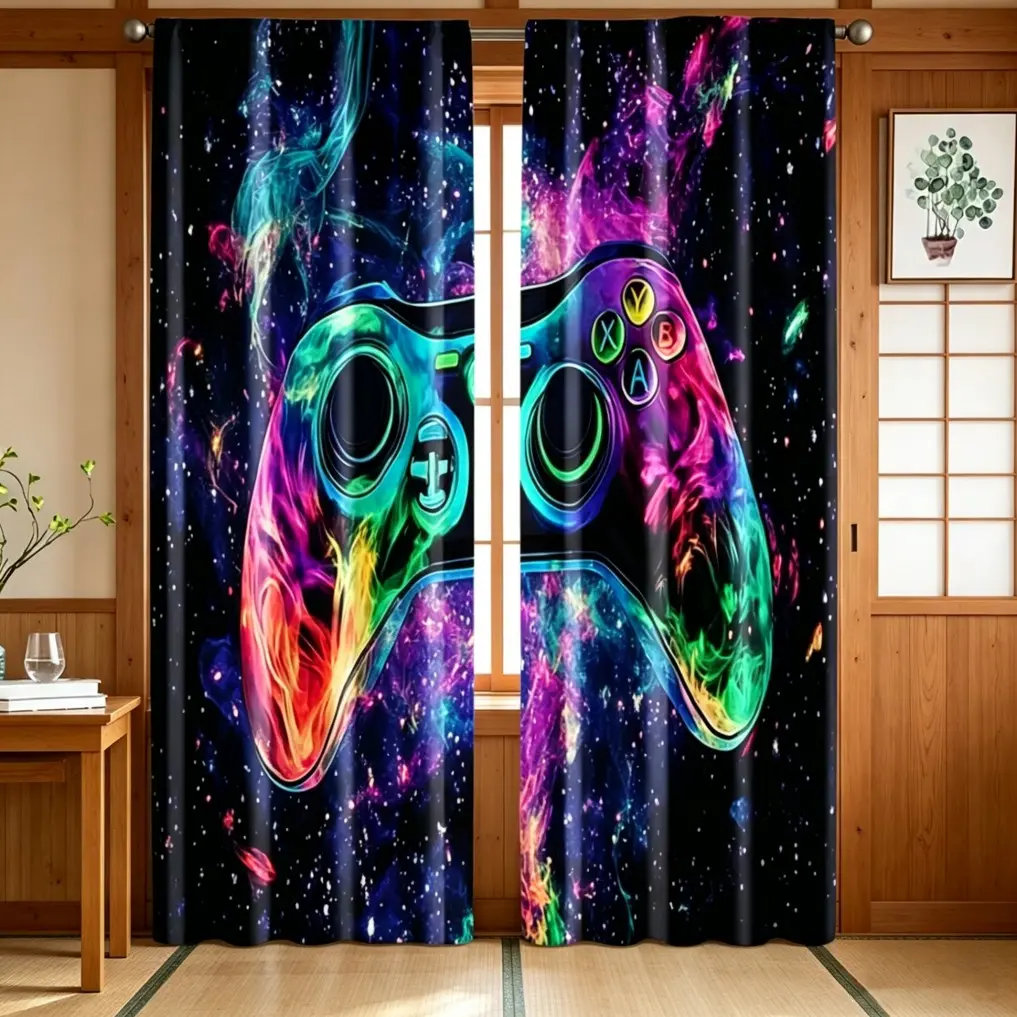 Game Enthusiast Theme Curtain Set, Trendy Graffiti Game Controller Print Polyester Two-Piece Decorative Curtains, Stylish Home Décor, Window Curtain