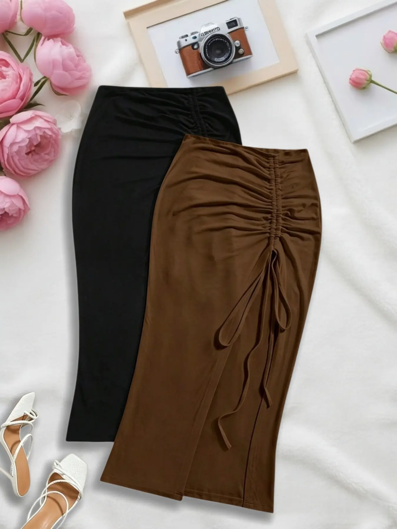 Two-Piece Punk Style Side Pleated Midi Skirt, Elastic Waist, Split Design, Office Wear, Fish Tail Butt Lift Skirt, Aesthetic, Fashion