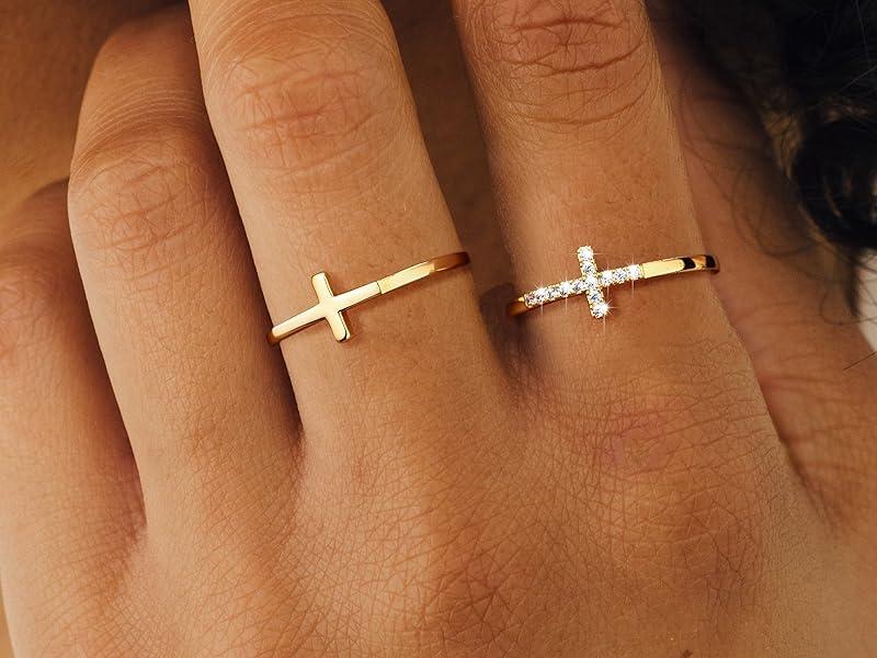 Dearmay Cross Gold Rings for Women, Dainty Trendy  Stackable Ring Set Gold ColorThin Cross Finger Rings for Women Non Tarnish Simple Statement Rings Wedding Bands Gold Jewelry Size 5-10