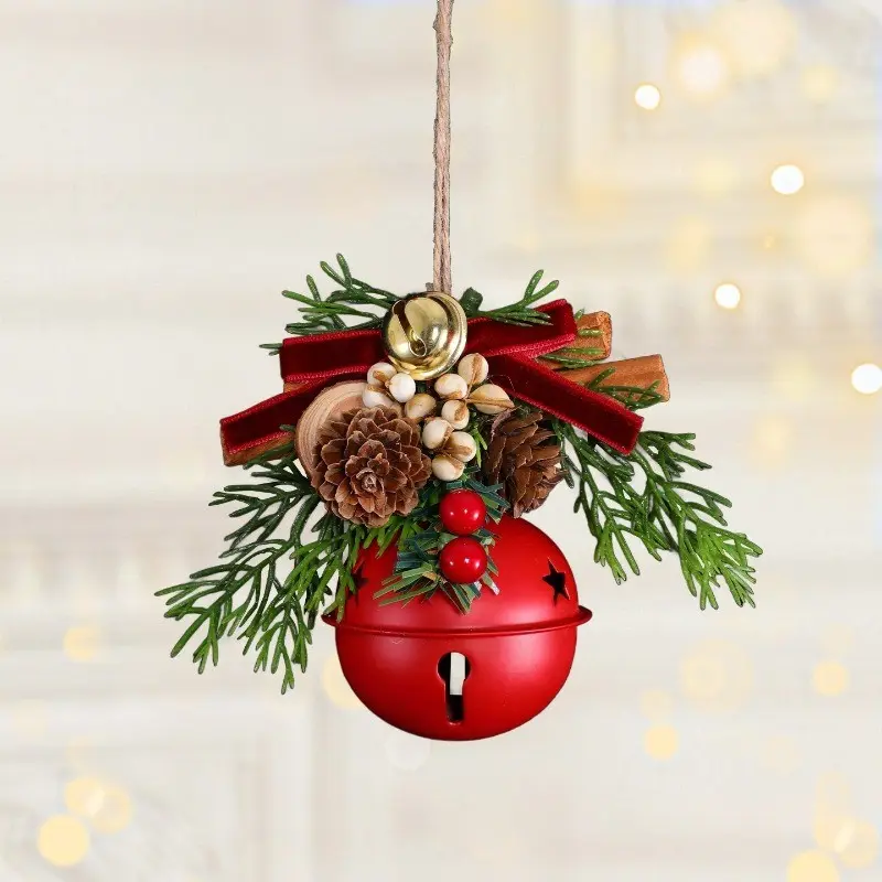 Rustic Christmas Tree Hanging Bell Set, Handmade Winter Festive Decor with Natural Pine Cones Cinnamon Sticks, Holiday Pendant Ornament for Indoor Fireplace Window Decor