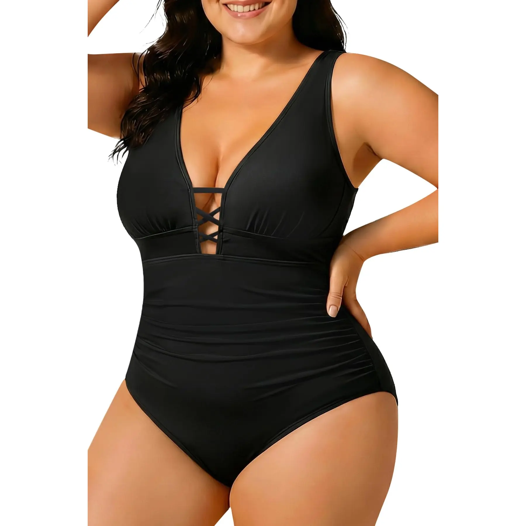Yonique Women's Plus Size One Piece Swimsuit Tummy Control Bathing Suits Lace up Plunge Swimwear,Modest One Piece Bathing Suits for Vacation
