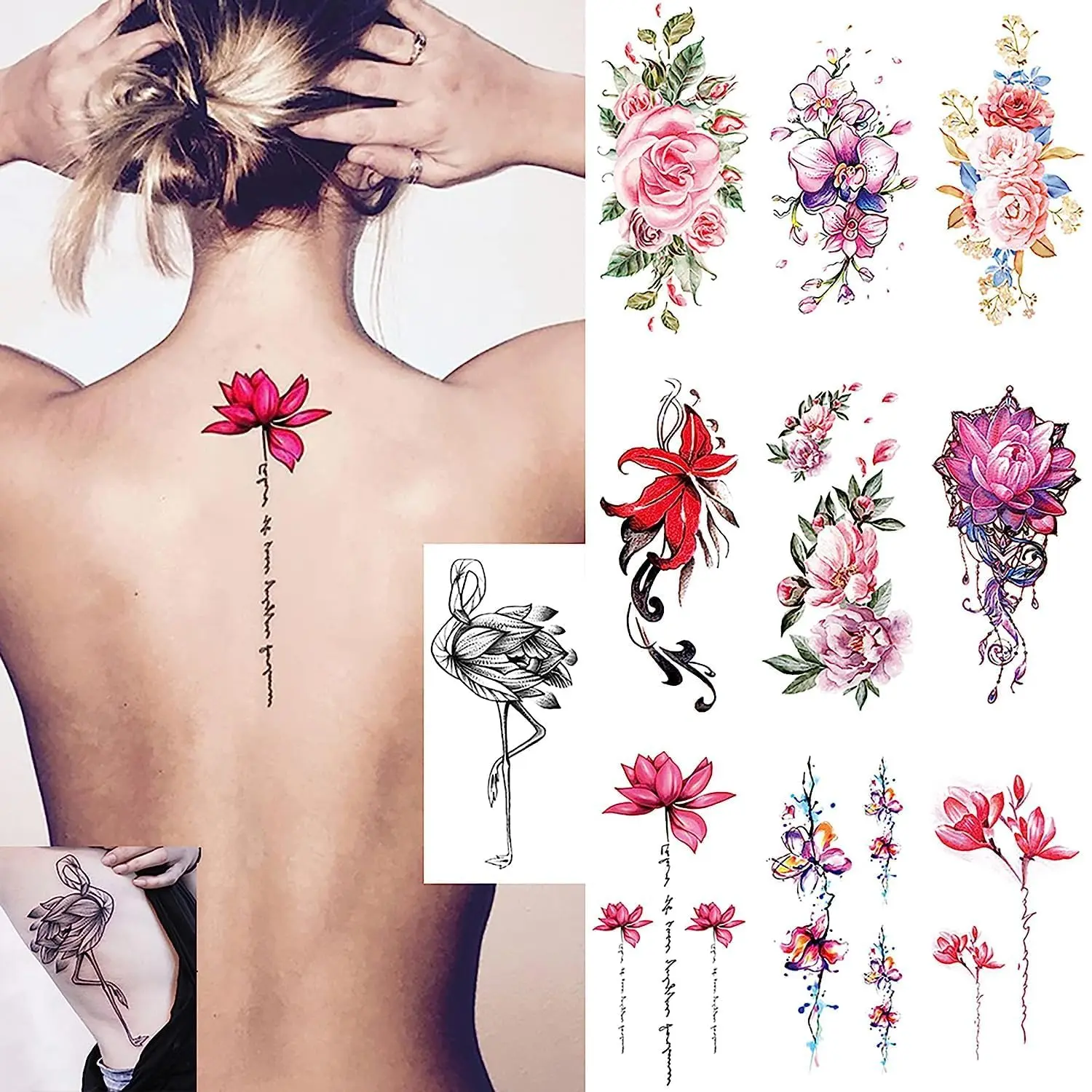 10 Sheets Large Flower Temporary Tattoos - Sexy Body Tattoo Sticker for Women Girl for Arms Legs Shoulder or Back