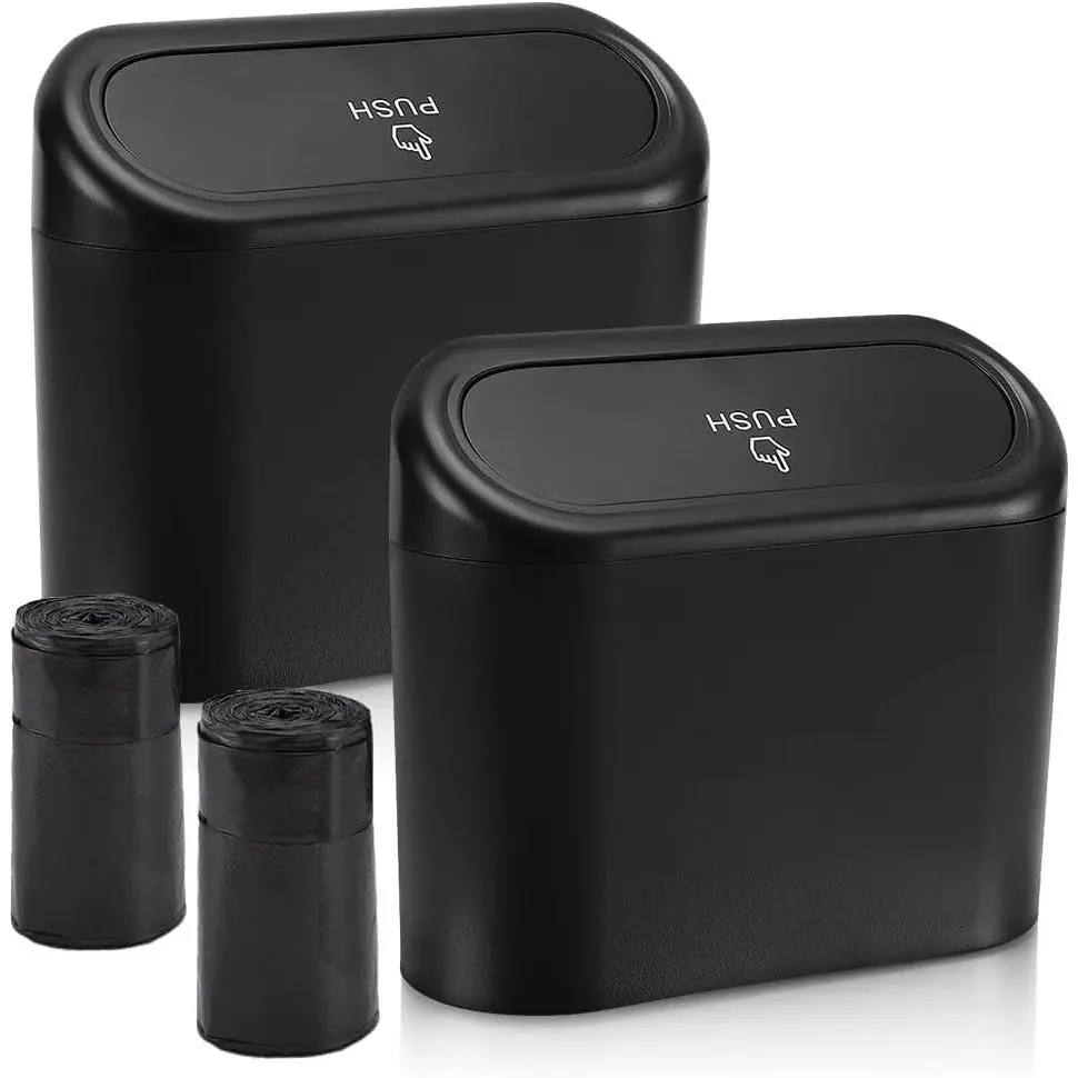 Car Trash Can with Lid, Mini Auto Dustbin Garbage Organizer Holder 2 Packs, Automotive Storage Container Bin with 60 Pcs Bags for Vehicle, Home, Office