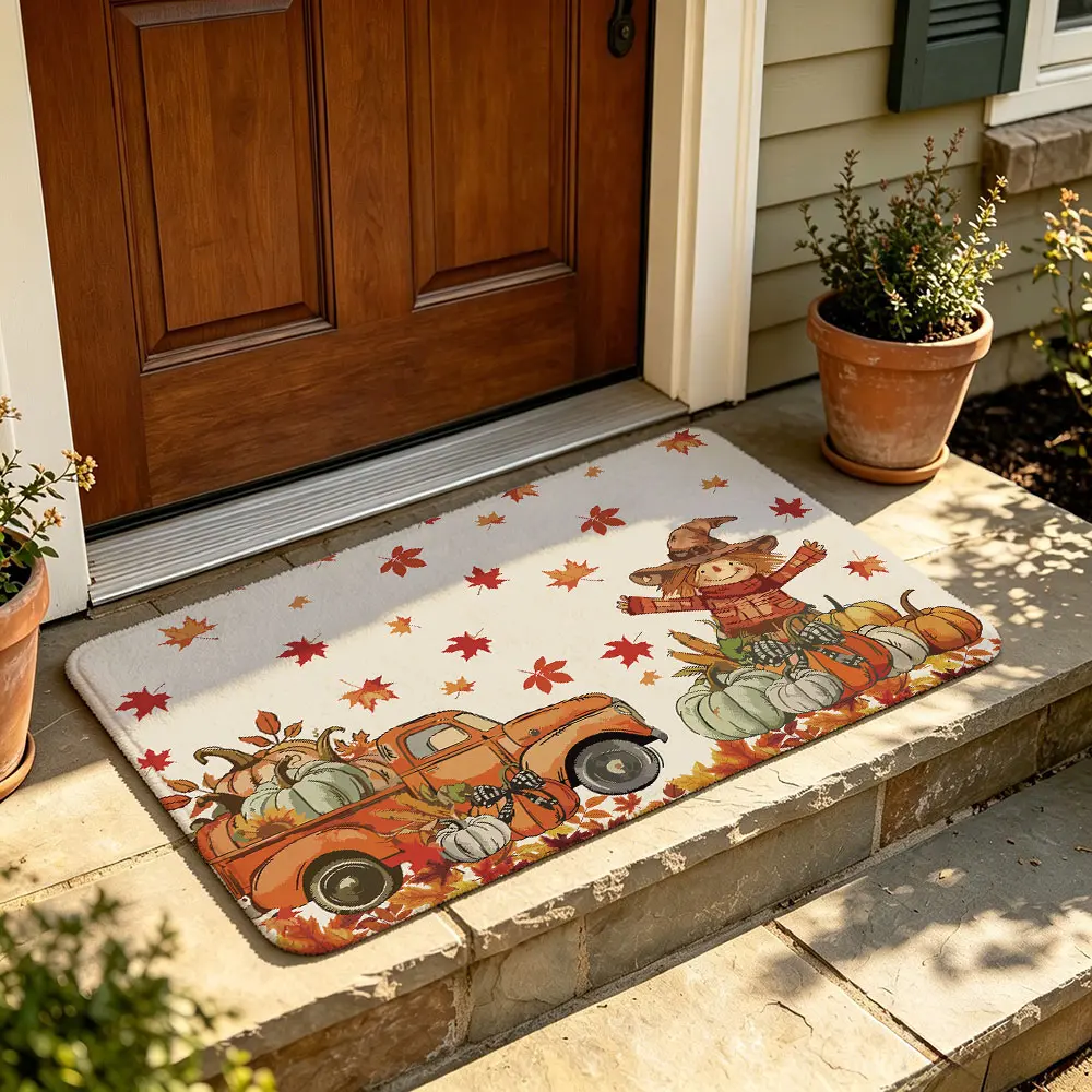 Pumpkin Truck Scarecrow Maple Leaf Floor Mat, Machine Washable Anti Slip Mat For Entryway Bathroom Balcony Pet Area