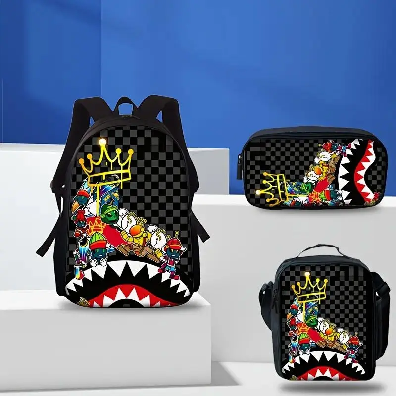 3PCS Graffiti Print Backpack Set - Hip Hop Crown Casual Printed Student Backpack with Lunch Box & Pencil Case, Lightweight Durable Youth School Daily Daypack for Kids Teens, Trendy Streetwear Gift