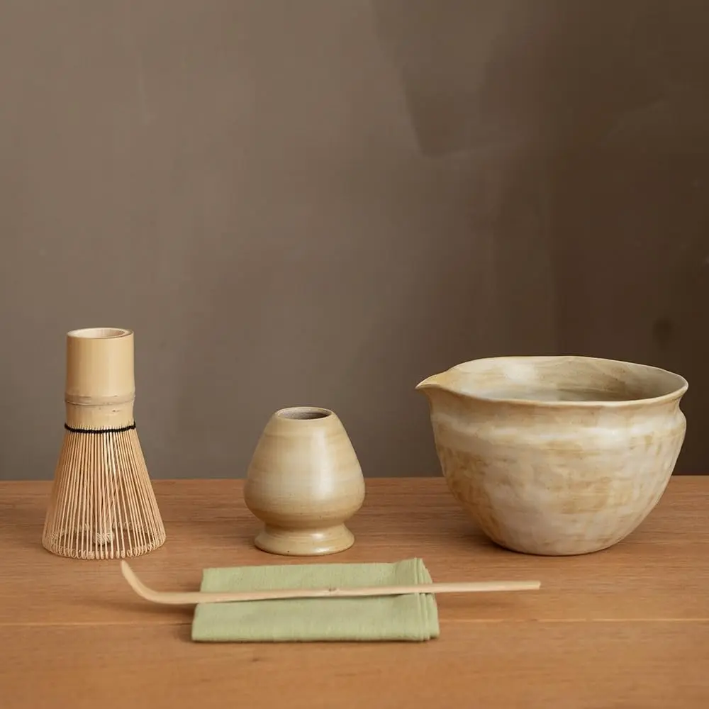 6-Piece Complete Matcha Whisk Kit - Handmade Sandstone Ceramic Matcha Bowl (16.9 Oz) with Spout, Bamboo Whisk, Holder, Scoop, Sifter and Tea Cloth for Tea Ceremony