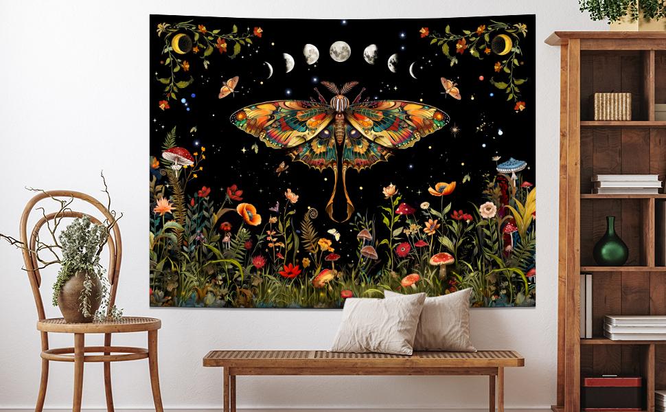 Orange Butterfly Tapestry Retro Floral Flower Tapestry Moon Phase Tapestry Aesthetic Vintage Boho Wall Tapestry Botanical Mushroom Tapestry Wall Hanging for Bedroom