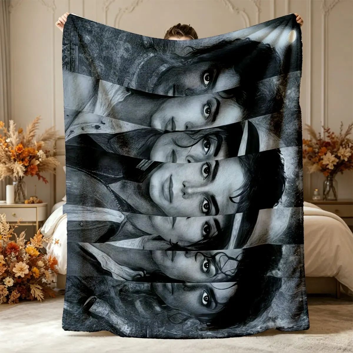 flannel blanket printed with sliced monochrome sketch portraits of Michael Jackson. Warm lightweight and machine washable all seasons. Suitable for multiple home scenes, it serves as a nice present for Christmas, Halloween and Black Friday. Soft Blankets