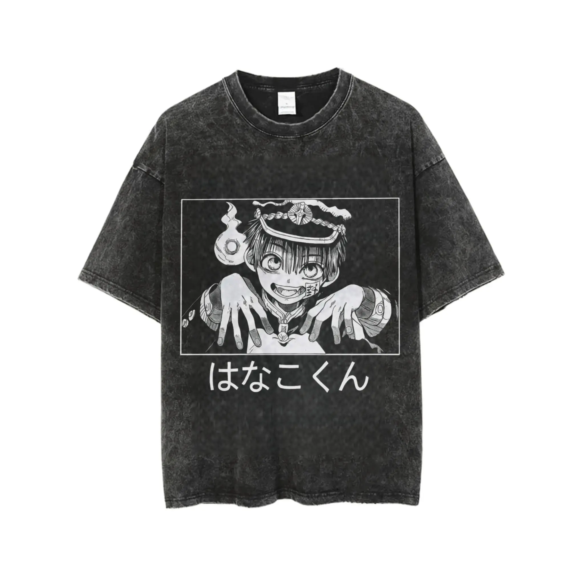 Mens Vintage Washed Cotton Fabric Stretch Short-Sleeve Crew Neck T-Shirt - Toilet-Bound Hanako Kun Manga Character, Japanese Text Print, Casual Regular Fit, Menswear Pullover for Spring Summer Fall, Soft Machine-Washable Anime Streetwear Tops