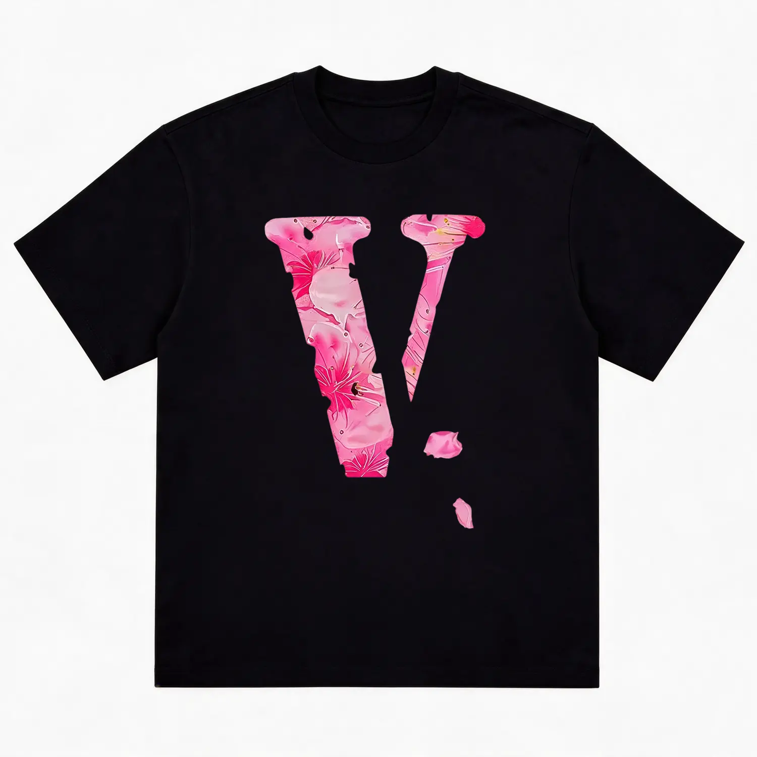 Oversized Graphic T-Shirt Pink Cherry Blossom Fill Big V Letter Tee Soft Breathable Cotton Floral Streetwear Casual Short Sleeve Unisex Top For Trendy Daily Outfit