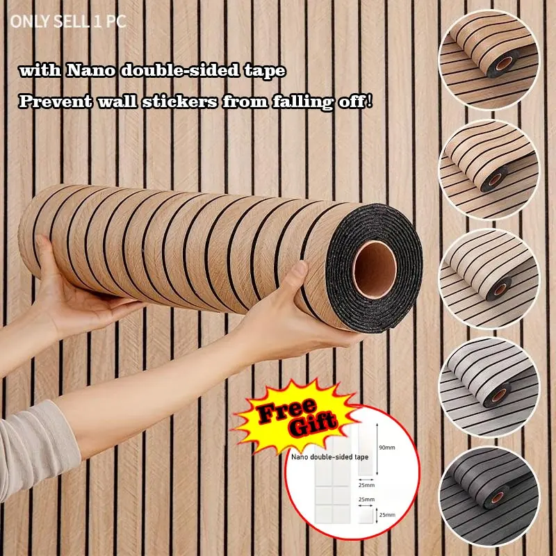 1 Roll Wood Grain Striped Wall Sticker | Thickened 3D Textured Self-Adhesive Wallpaper, Waterproof for TV Background, Bedroom, Living Room & Ceiling | Cuttable Easy-to-Stick Faux Wood Panel, Moisture-Proof Textured Wall Mural