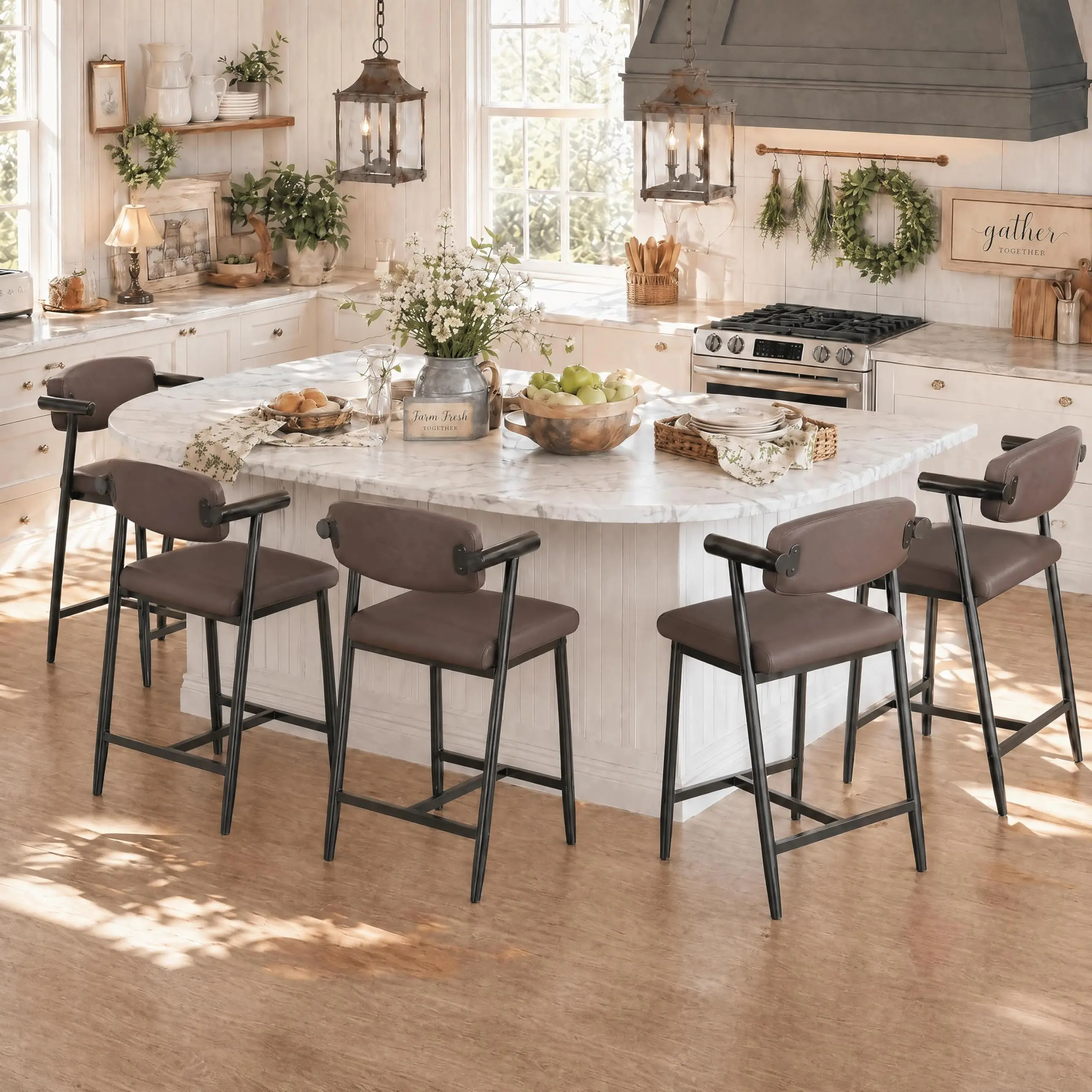 6Pcs Bar Stools, Soft Wider Seat Metal Tall Barstools with Arms & Long Back & Footrest, Heavy Duty Counter Height Chairs for Kitchen Island, Easy Assembly