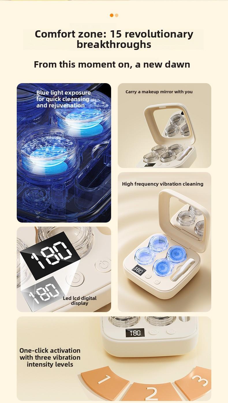 Ultrasonic Contact Lens Cleaner Rechargeable with Vanity Mirror - Portable Compact Case Hard & Soft Lens Compatible, 3 Deep Cleaning Modes, On-the-Go Daily Care Sanitizer for Travel Sports Office Home Use