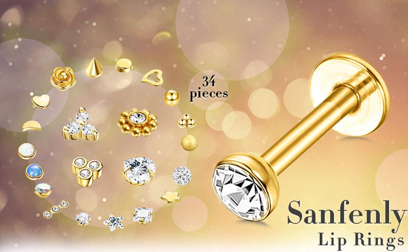 Sanfenly34PCS Lip Rings for Women Men 16G Medusa Labret Lip Piercing Jewelry 6MM 8MM Lip Ring Studs Silver Gold Black Rose Gold Tragus Helix Cartilage Earrings