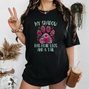 Unisex Crew Neck T-Shirt Featuring a Floral Paw Pattern - My Shadow Has Four trendy t-shirts, graphic tees, graphic tees for men Legs And a Tail - Soft And Airy Casual Tee,deals for today