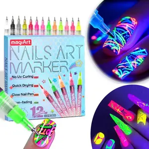 12 Color UV Nail Art Markers, 0.5mm Tip DIY Acrylic Fluorescent Paint Pens, Fun Interactive Nail Art Brushes for Daily Use