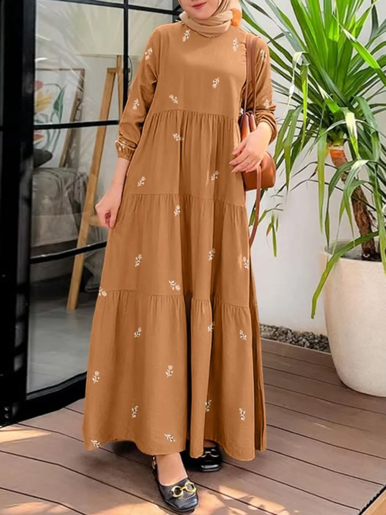 Women's Round Neck Long Sleeve Floral Layered Ruched Patchwork Loose Dress, Modest Muslim Clothing, Casual Spring & Fall Daily Wear, Unlined