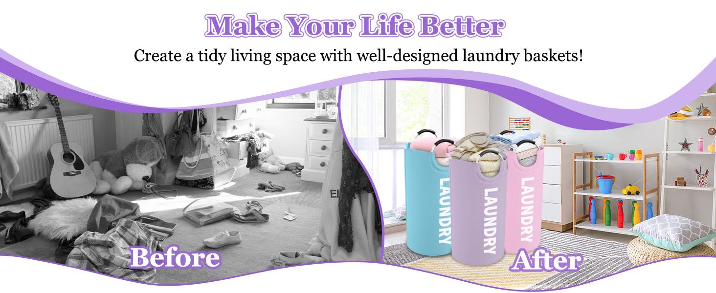 3PCS 95L Laundry Basket, Collapsible Clothes Hamper with Handle, 600D Cloth Laundry Bin, Stand-alone Dirty Clothes Hamper for Livingroom, Bedroom,, Pink+Blue+Purple