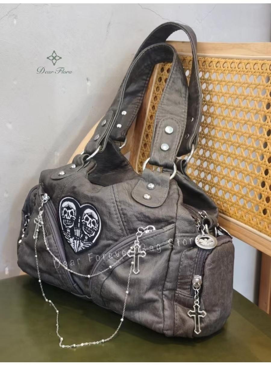 Women's Y2K Vintage Motorcycle Shoulder Bag Fashion Soft PU Chains Multiple Pockets Tote Bags Moto Style Messenger Crossbody Bag