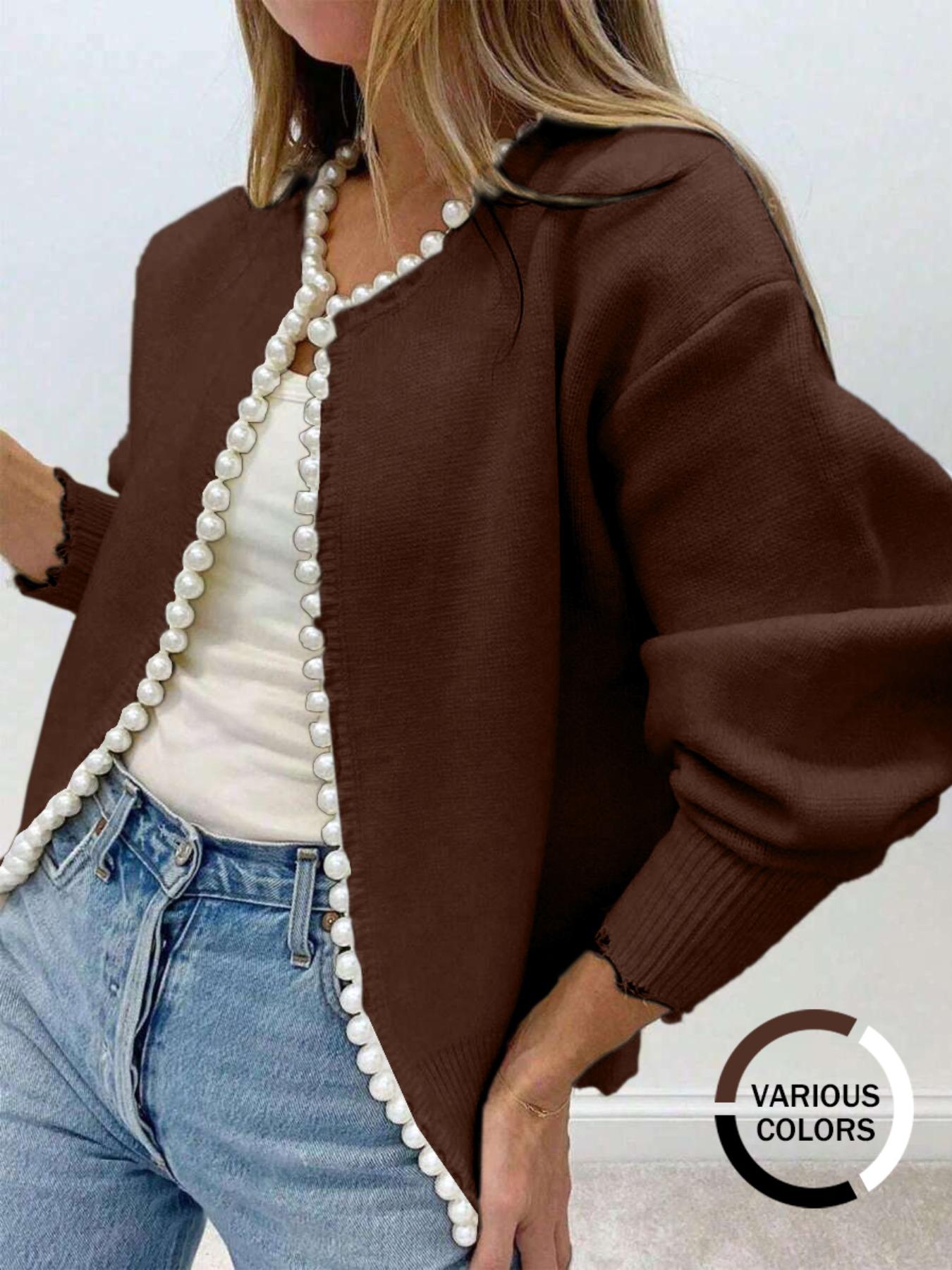 Women's Solid Faux Pearl Decor Drop Shoulder Knitting Cardigan, Casual Long Sleeve Open Front Knitwear for Fall & Winter, Fashion Women's Knit Clothing for Daily Wear