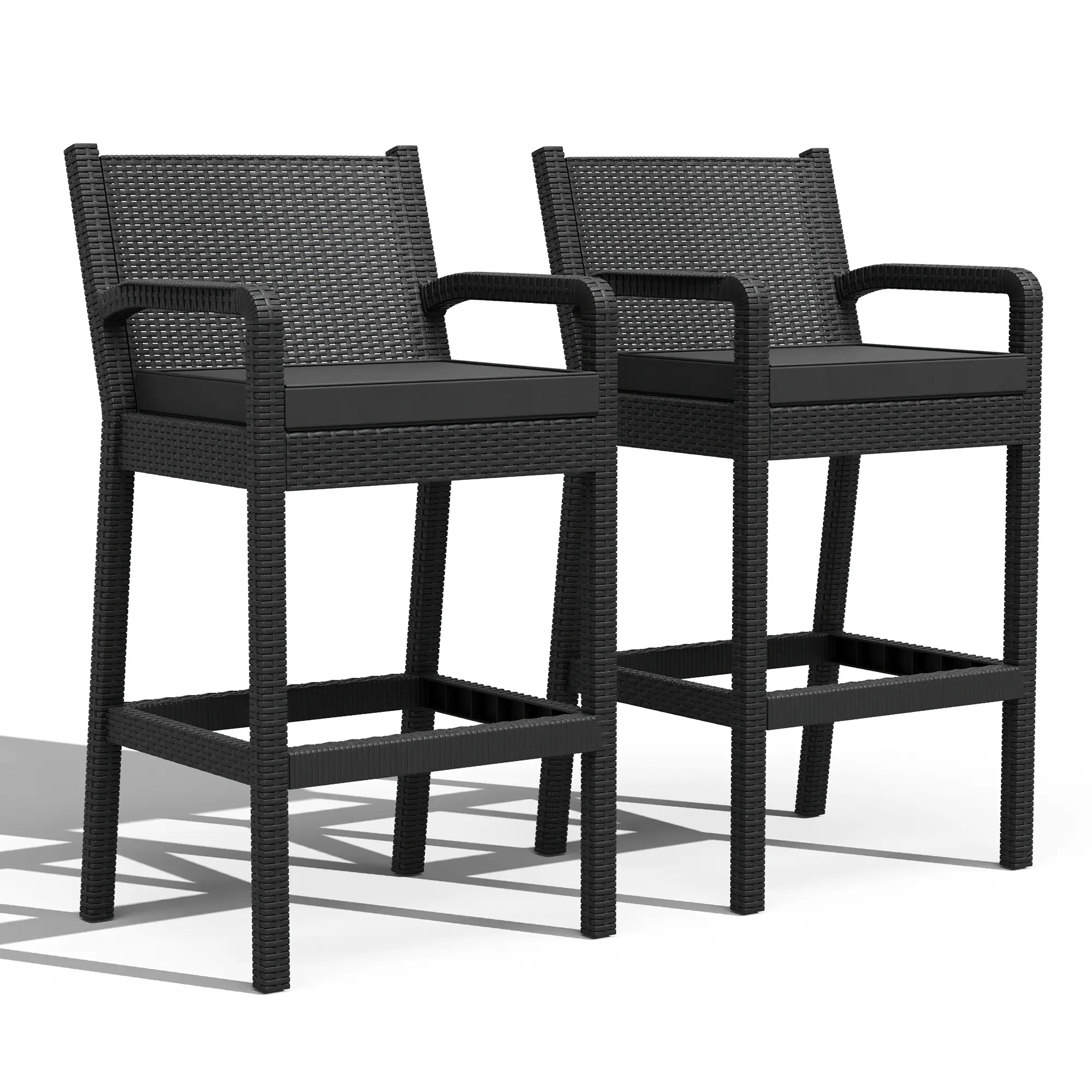 Comfort & Strength, Outdoor Wicker Bar Stools Set of 2, 30 Inch Patio Bar Height Chairs with Arms, Backrest & Thick Cushions, All-Weather Rattan Barstools for Backyard, Pool, Deck, Balcony