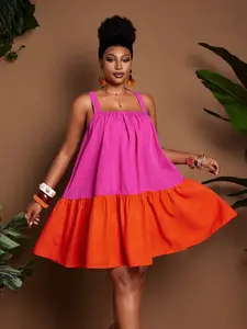 Plus Size Women's Colorblock Halter Mini Dress, Coral Square Neck Straps, Loose Doll Dress, Casual Summer Vacation Wear, Beach Outing, Daily Shopping