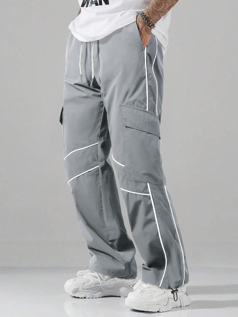 Men's Striped Print Drawstring Waist Pants Breathable Straight Leg Trousers for Outdoor Activities, Athleisure Style Bottoms, Men's Bottoms for All Seasons