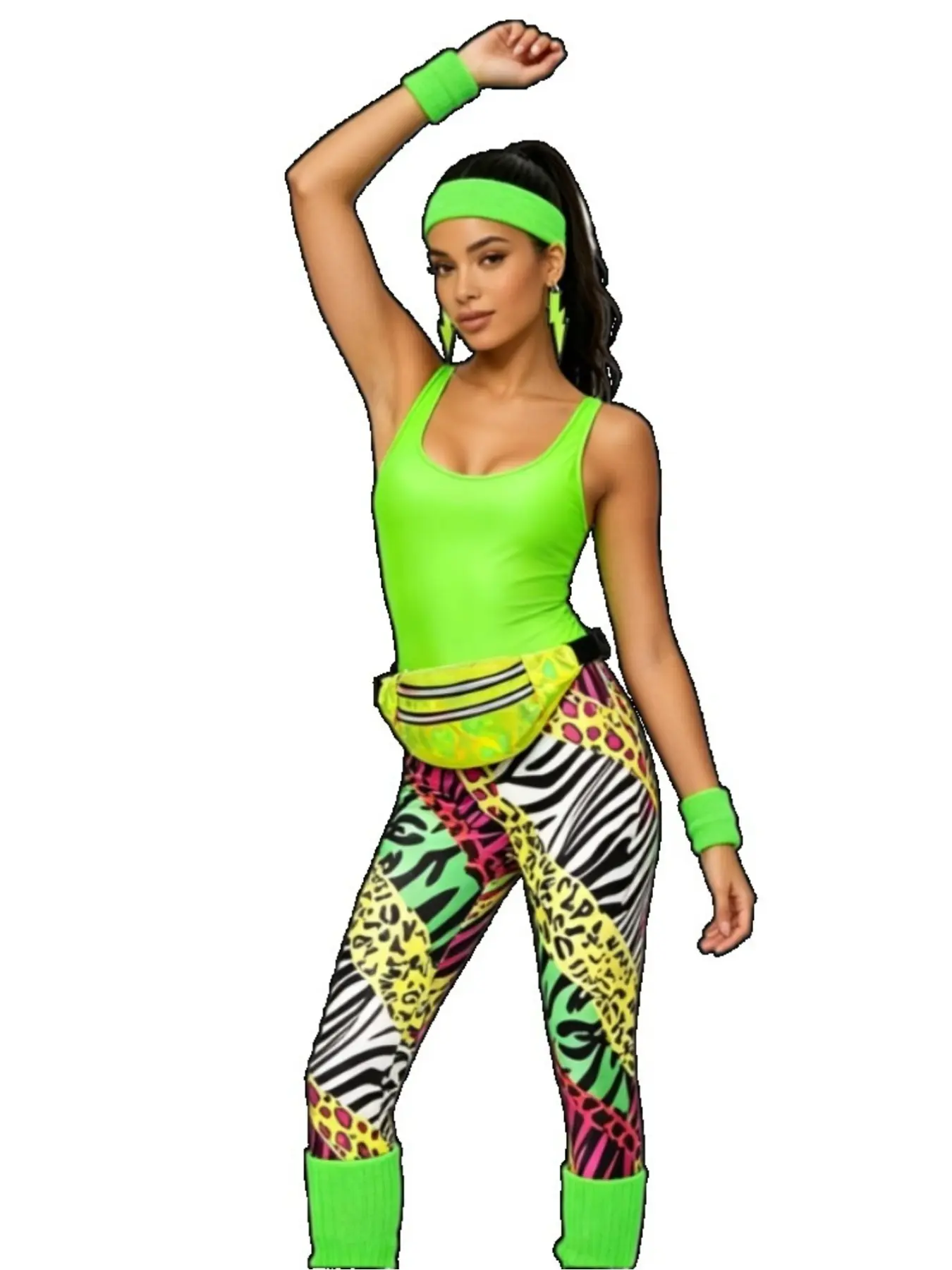 7-Piece Neon Green 80s Workout Costume for Women - Aerobic Dance Party Outfit with Leg Warmers, Headband & Gloves