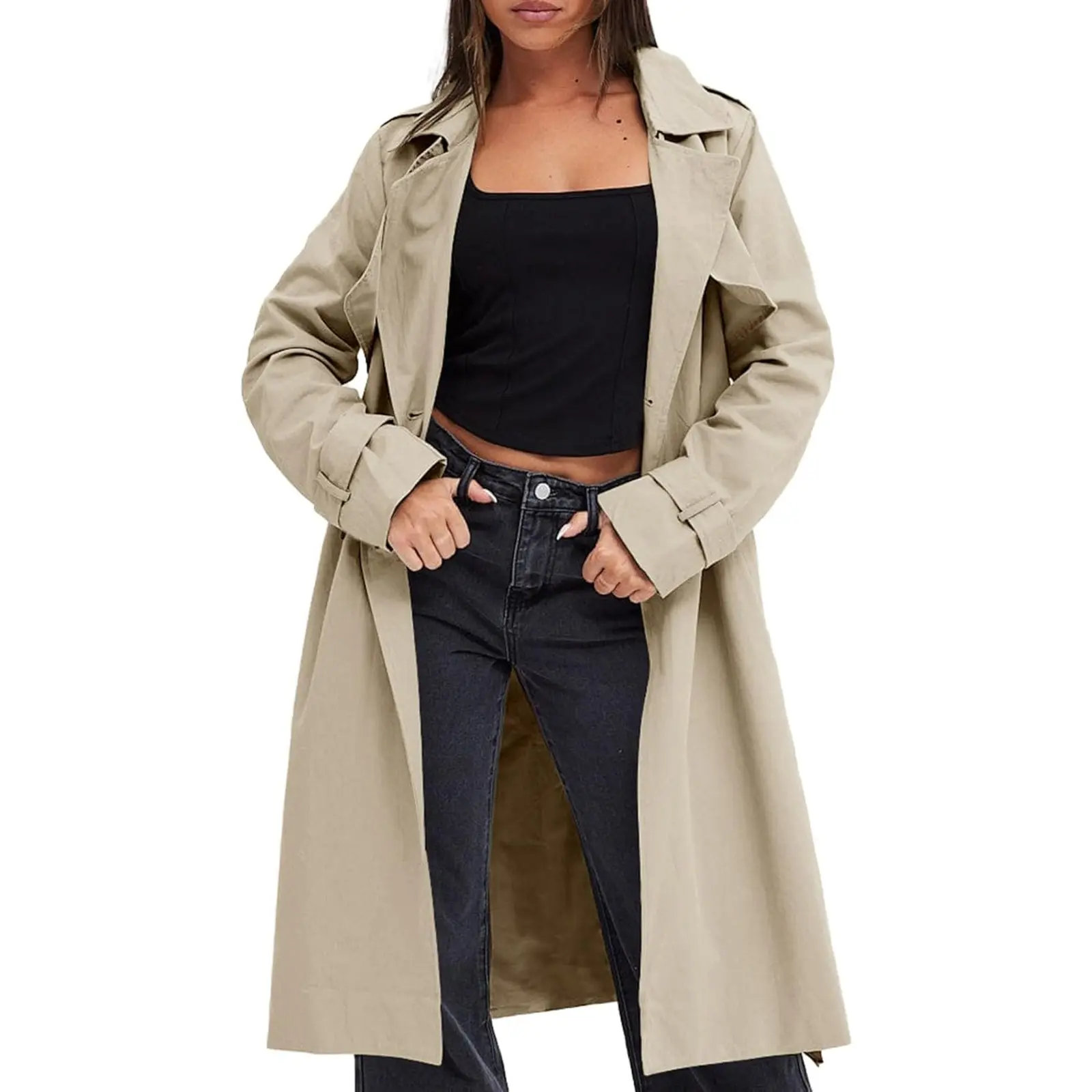 Tankaneo Womens Double Breasted Trench Coats Long Lapel Overcoat With Belt | Casual Windproof Pocketed Coats,Classic,Spring,Fall Trench Jackets