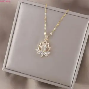 2026 New Gold Lotus Pendant Necklace For Women, Dainty Minimalist Chain Inlaid With Cubic Zirconia, Versatile Jewelry For Daily Styling And Holiday Gift Giving